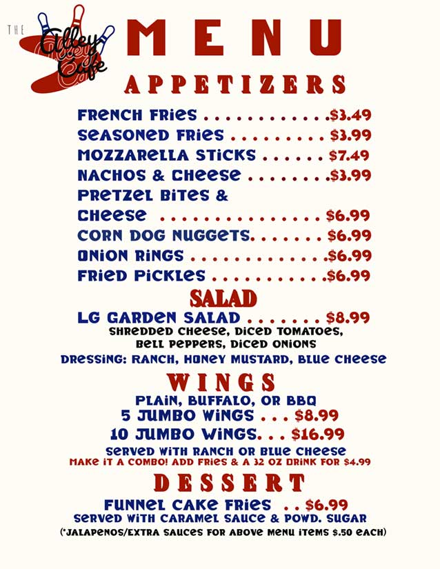 The Alley Cafe menu display inside Table Rock Lanes in Reeds Spring, Missouri, featuring appetizers, wings, salad, and dessert items
