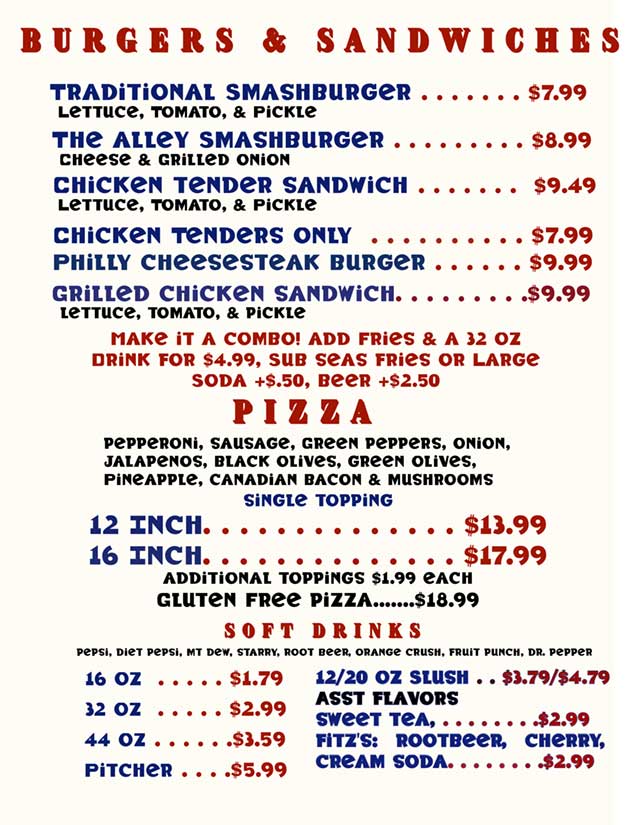 The Alley Café restaurant menu board at Table Rock Lanes in Reeds Spring, Missouri, showing burgers, pizza, and soft drinks