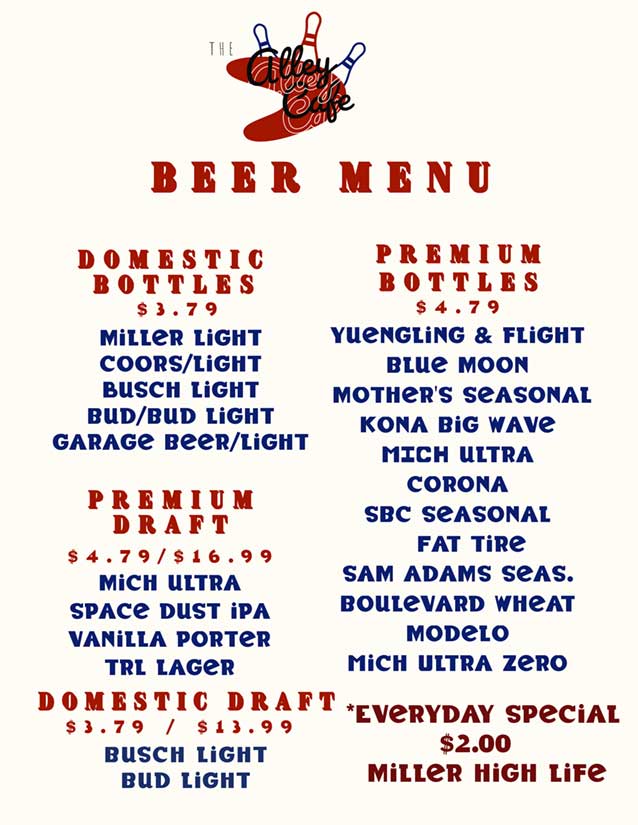 Beer menu board at The Alley Café inside Table Rock Lanes in Reeds Spring, Missouri, showing domestic and premium bottles, draft beers, and daily drink specials