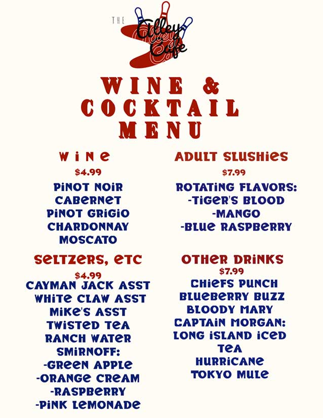Wine and cocktail menu for The Alley Cafe at Table Rock Lanes in Reeds Spring, Missouri