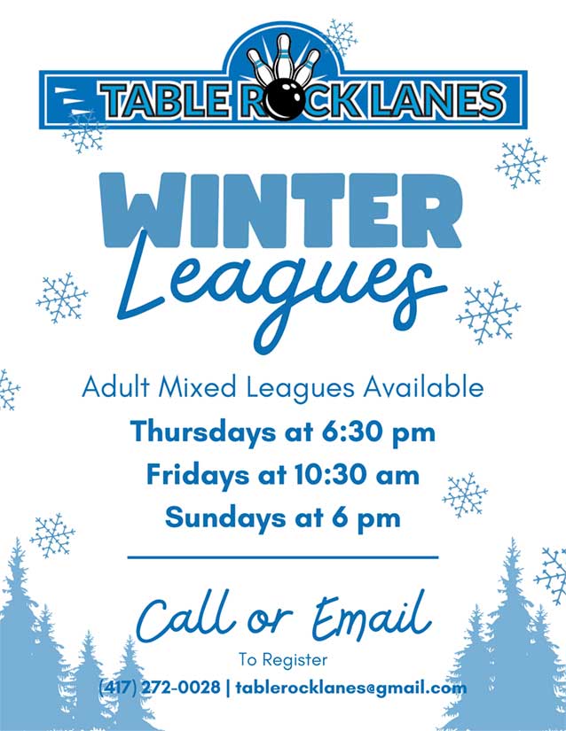 Winter leagues promotional poster for Table Rock Lanes in Reeds Spring, Missouri, listing adult mixed league times and registration contact details