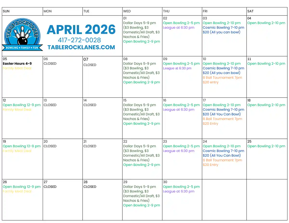 April 2026 monthly calendar flyer for Table Rock Lanes Bowling in Reeds Spring, Missouri, showing open bowling hours, league nights, dollar days, cosmic bowl...