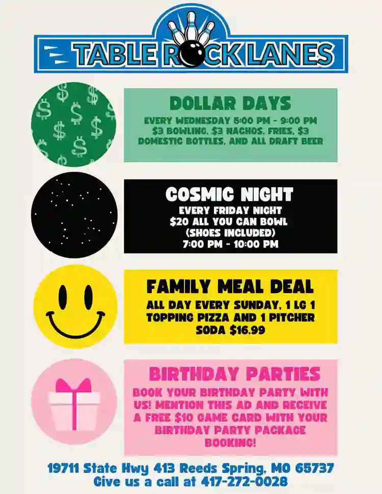 Promotional sign for Table Rock Lanes in Reeds Spring, MO featuring bowling specials, cosmic night, family meal deals, and birthday party offers