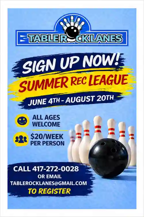 Promotional poster for Table Rock Lanes Summer Rec League featuring bowling pins and a bowling ball, with registration details and contact information
